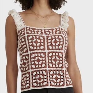 Marine Layer Brown and White Crochet Square Tank Top